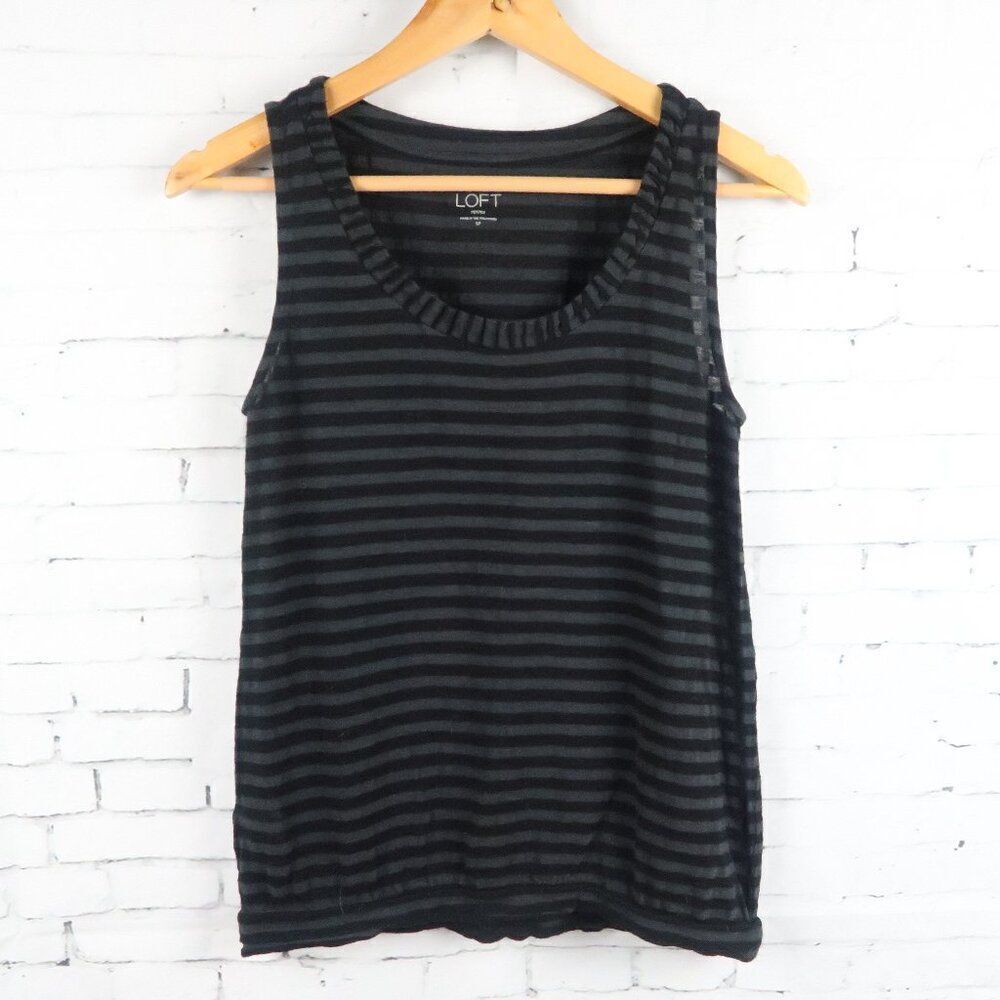 ANN TAYLOR LOFT BLACK & GREY STRIPE SLEEVELESS SCOOP NECK TANK TOP SIZE SP
